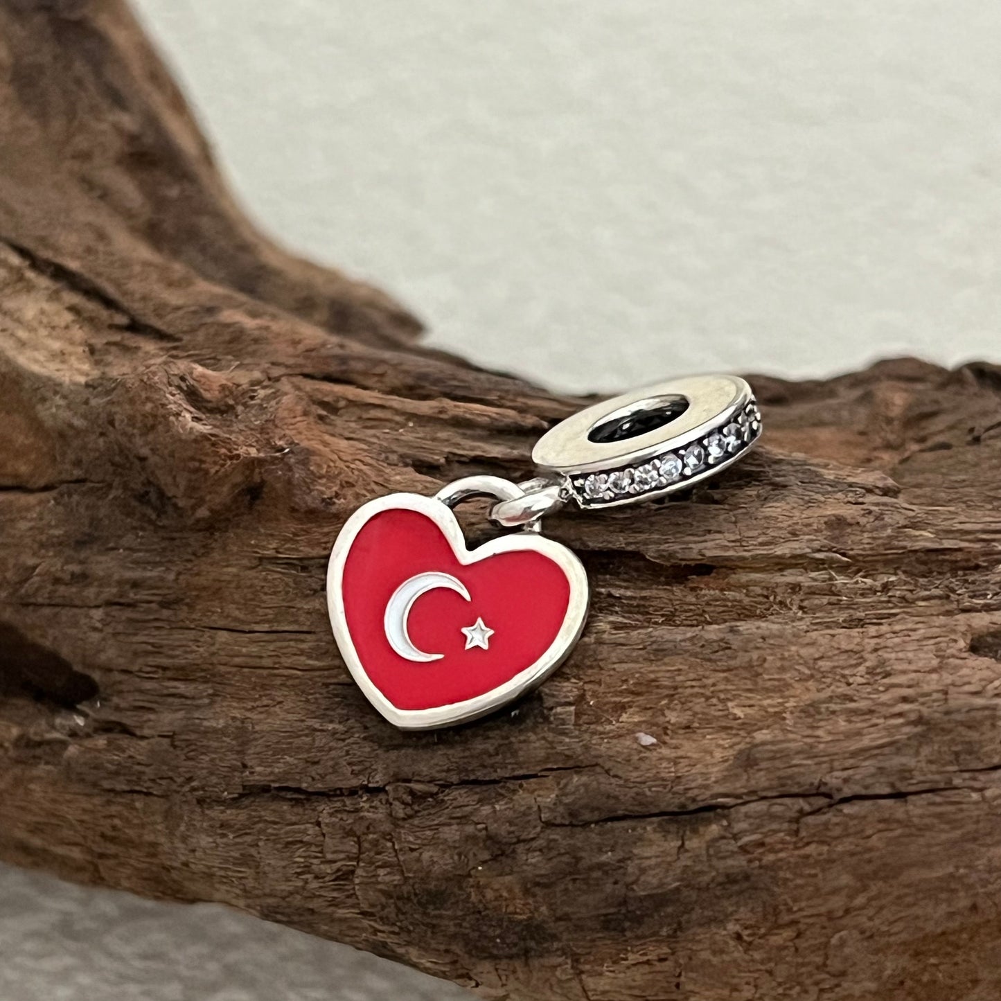 Türkiye Flag Heart Exclusive Dangle Charm Pendant for Pandora Bracelet S925 Silver
