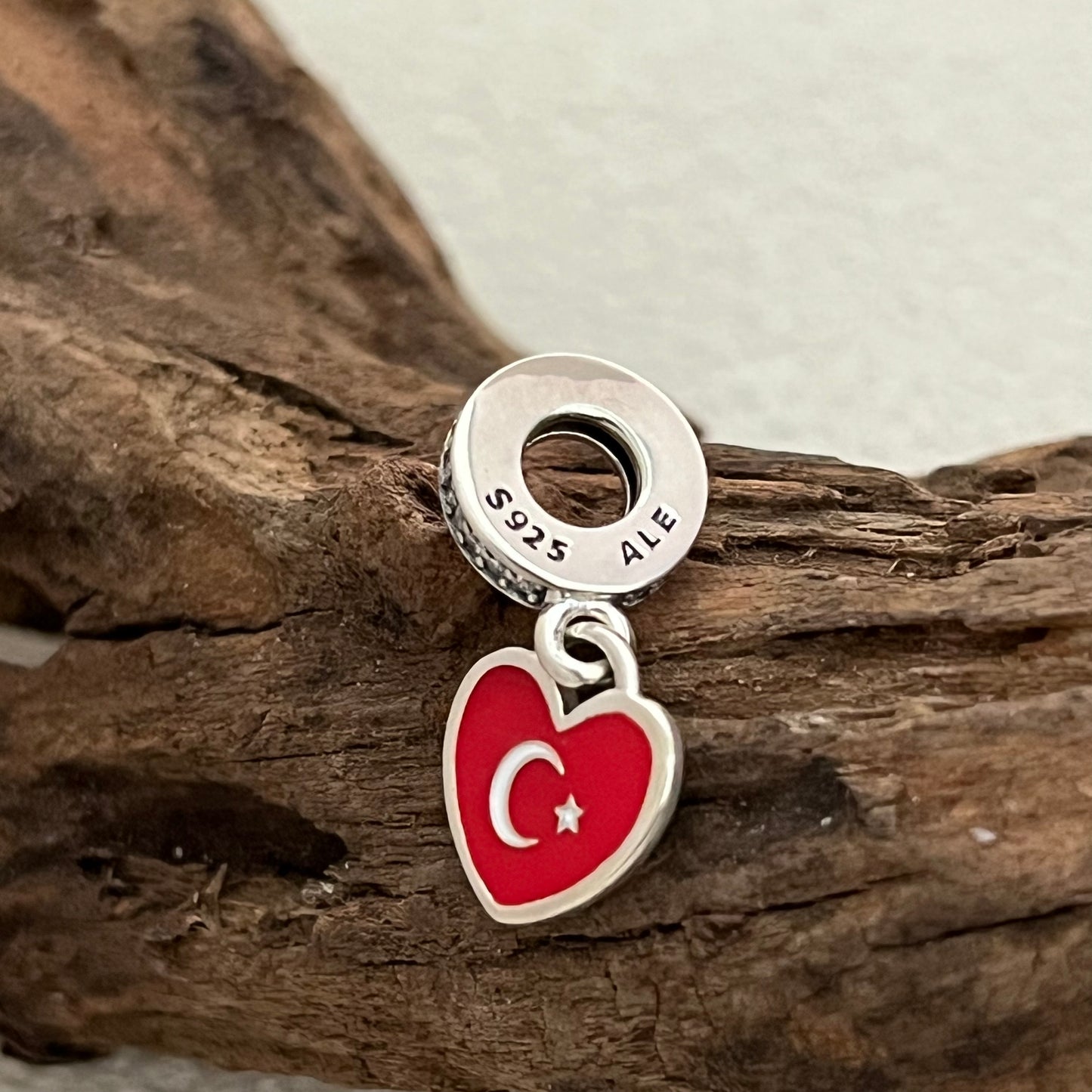 Türkiye Flag Heart Exclusive Dangle Charm Pendant for Pandora Bracelet S925 Silver