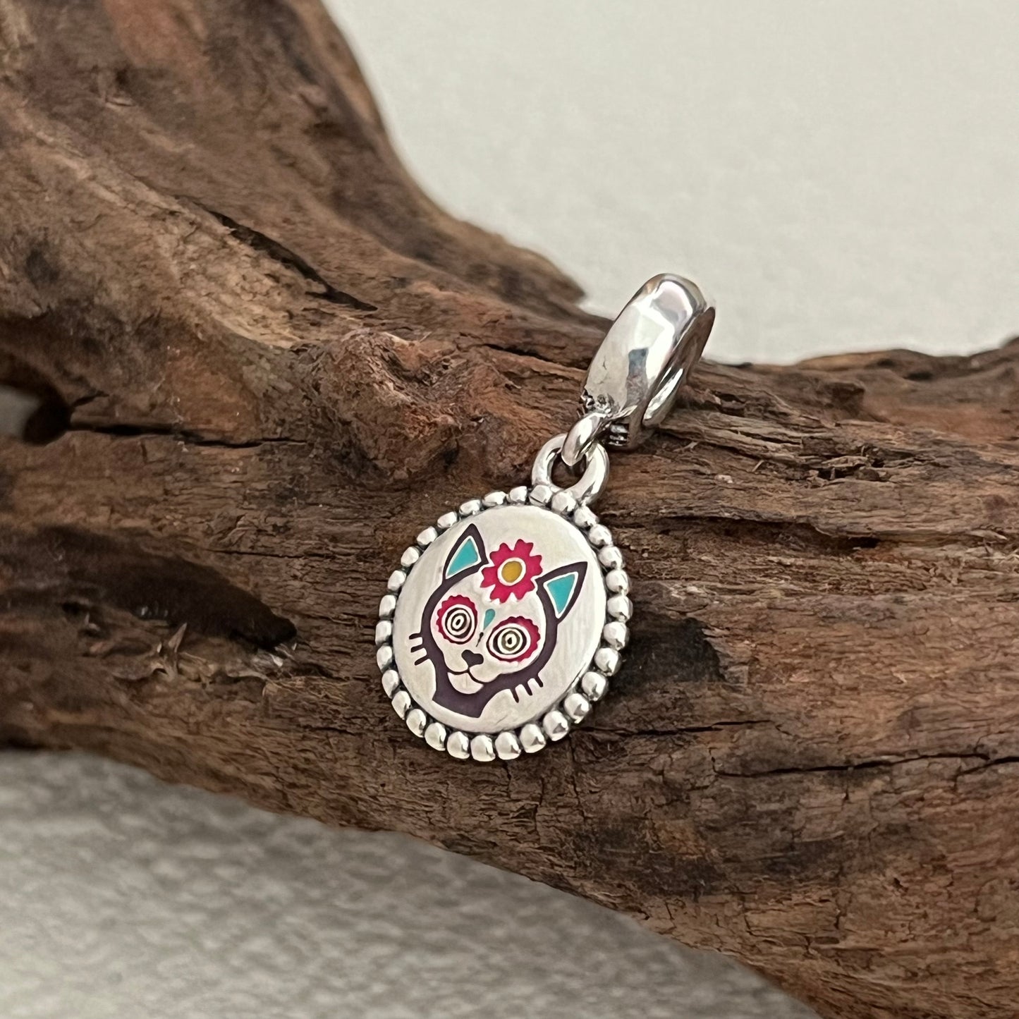 Día de Muertos Flower cat Exclusive Dangle Charm Pendant for Pandora Bracelet S925 Silver