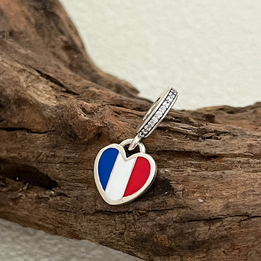 France Flag Heart Exclusive Dangle Charm Pendant for Pandora Bracelet S925 Silver