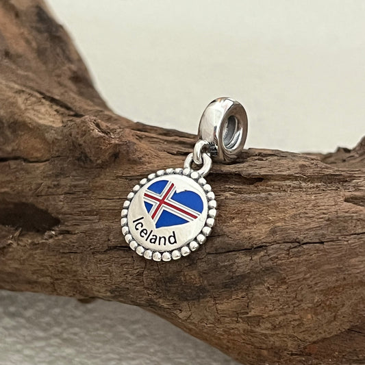 Iceland Heart Flag Exclusive Dangle Charm Pendant for Pandora Bracelet S925 Silver