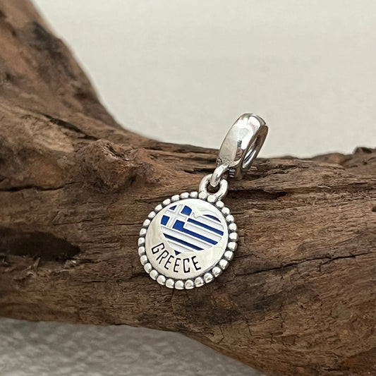 GREECE Heart Flag Exclusive Dangle Charm Pendant for Pandora Bracelet S925 Silver