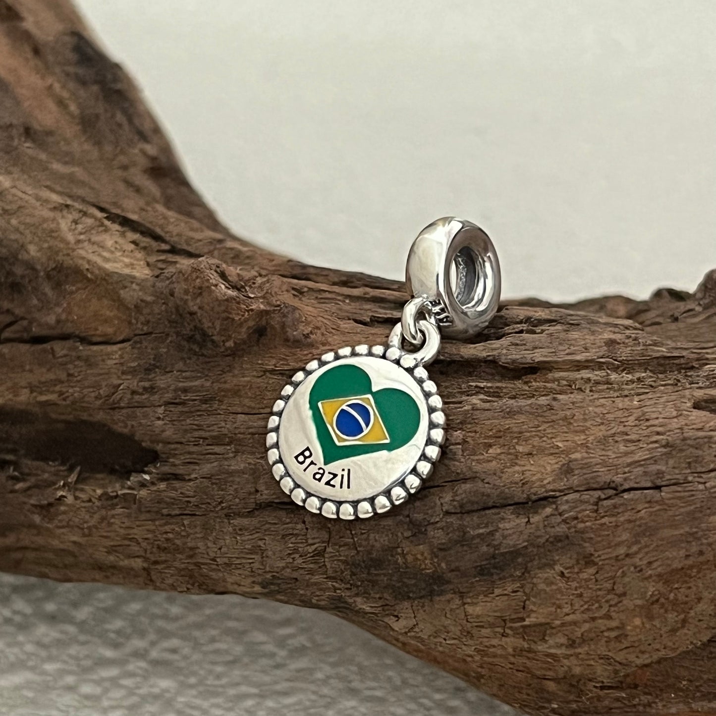 Brazil Heart Flag Exclusive Dangle Charm Pendant for Pandora Bracelet S925 Silver