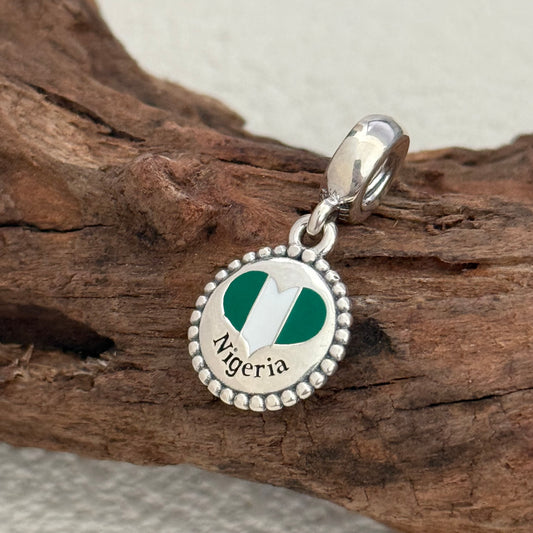Nigeria Heart Flag Exclusive Dangle Charm Pendant for Pandora Bracelet S925 Silver