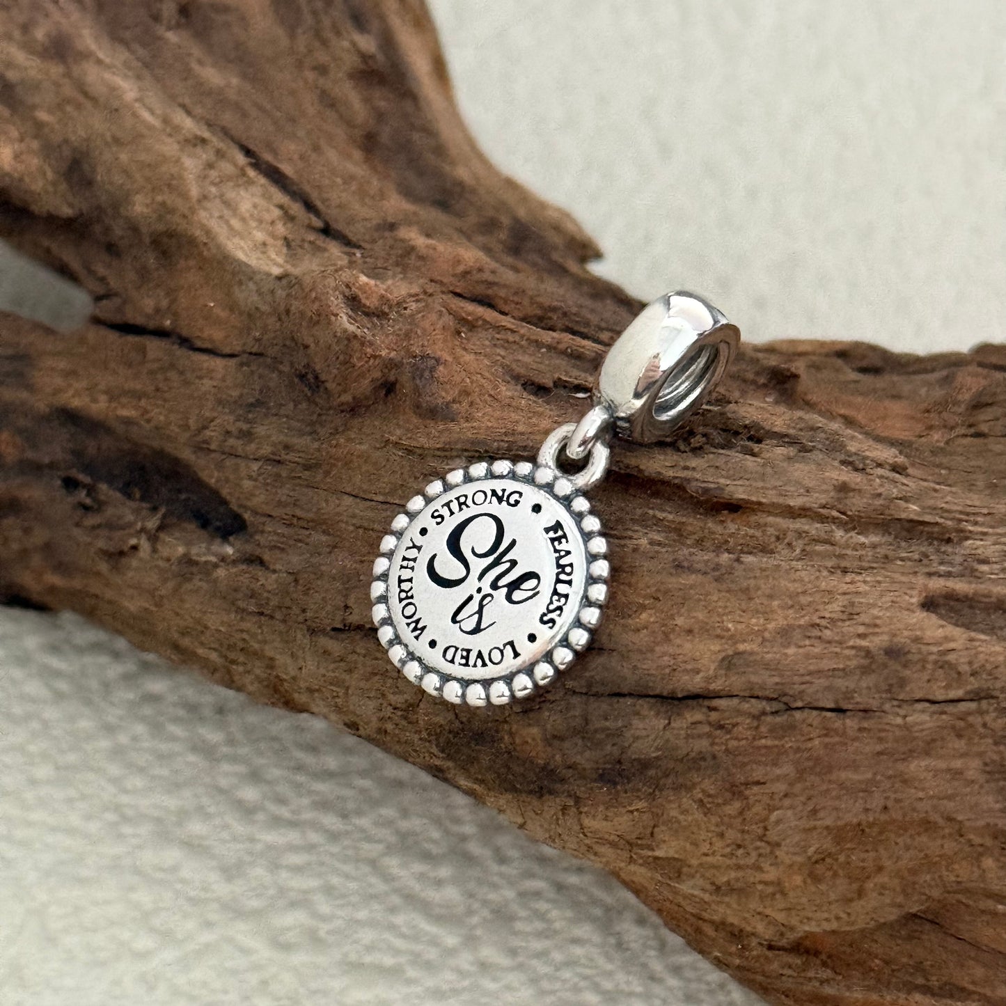 She is LOVED WOKTHY STRONG FEARIESS Exclusive Dangle 925 Sterling Silver Charm for Pandora Bracelet