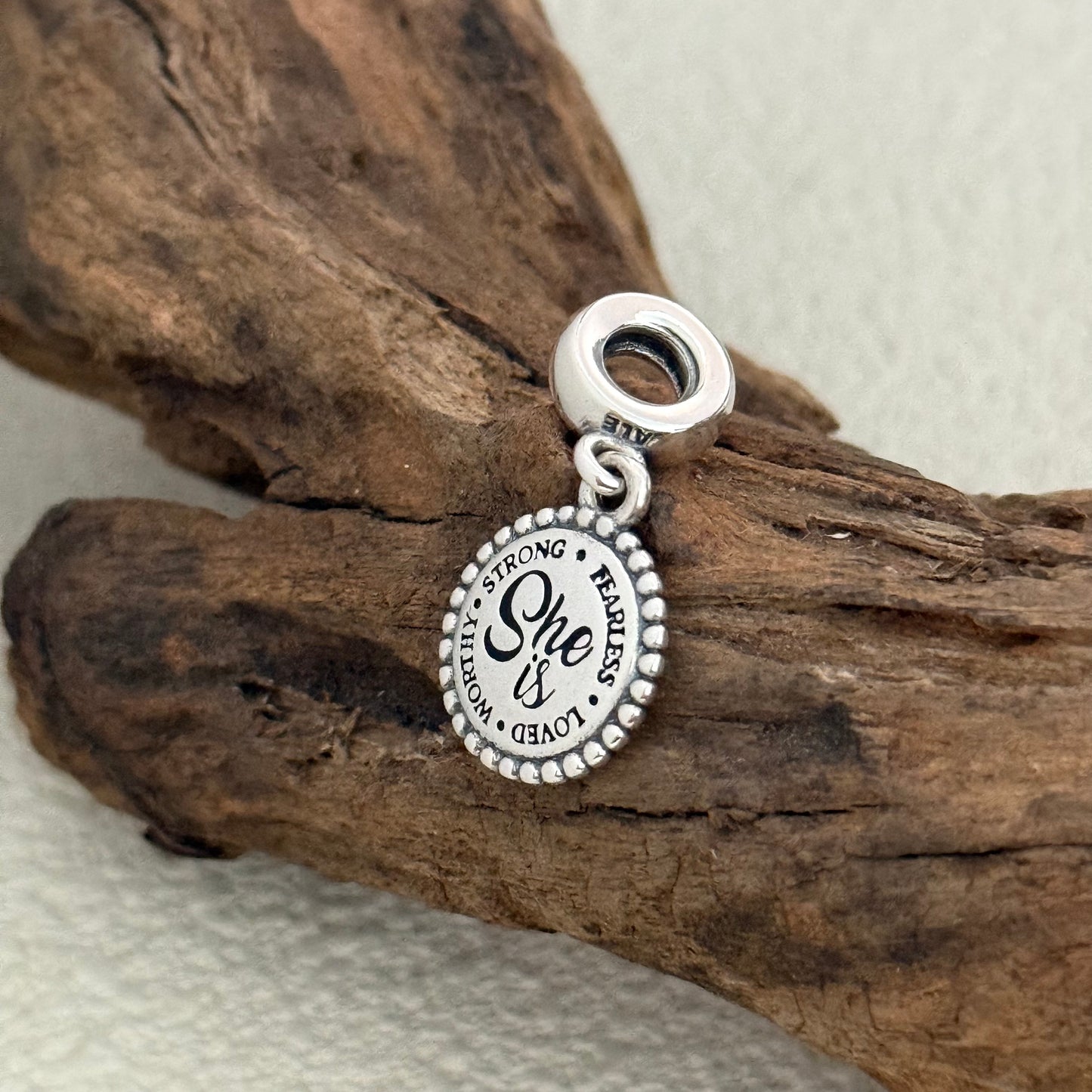 She is LOVED WOKTHY STRONG FEARIESS Exclusive Dangle 925 Sterling Silver Charm for Pandora Bracelet