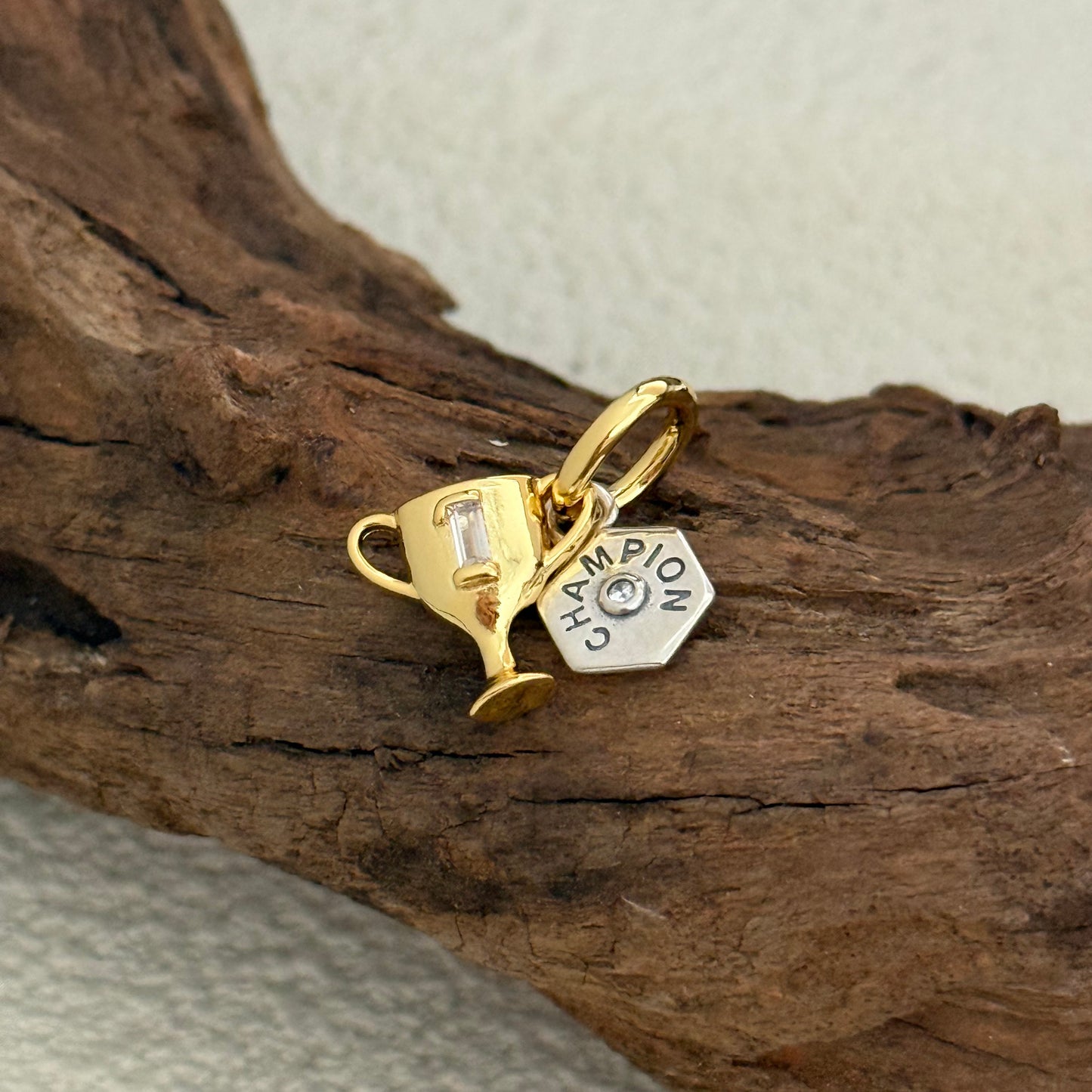 Engravable Trophy Double Dangle Charm Sterling Silver for Pandora Bracelet- Golden Plating