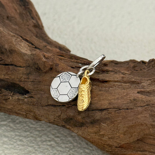Engravable Soccer Shoe Double Dangle Charm Sterling Silver for Pandora Bracelet- Golden Plating