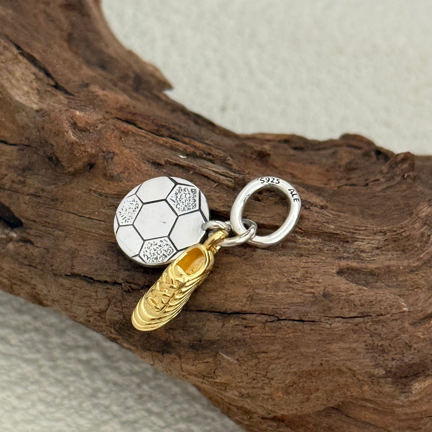 Engravable Soccer Shoe Double Dangle Charm Sterling Silver for Pandora Bracelet- Golden Plating
