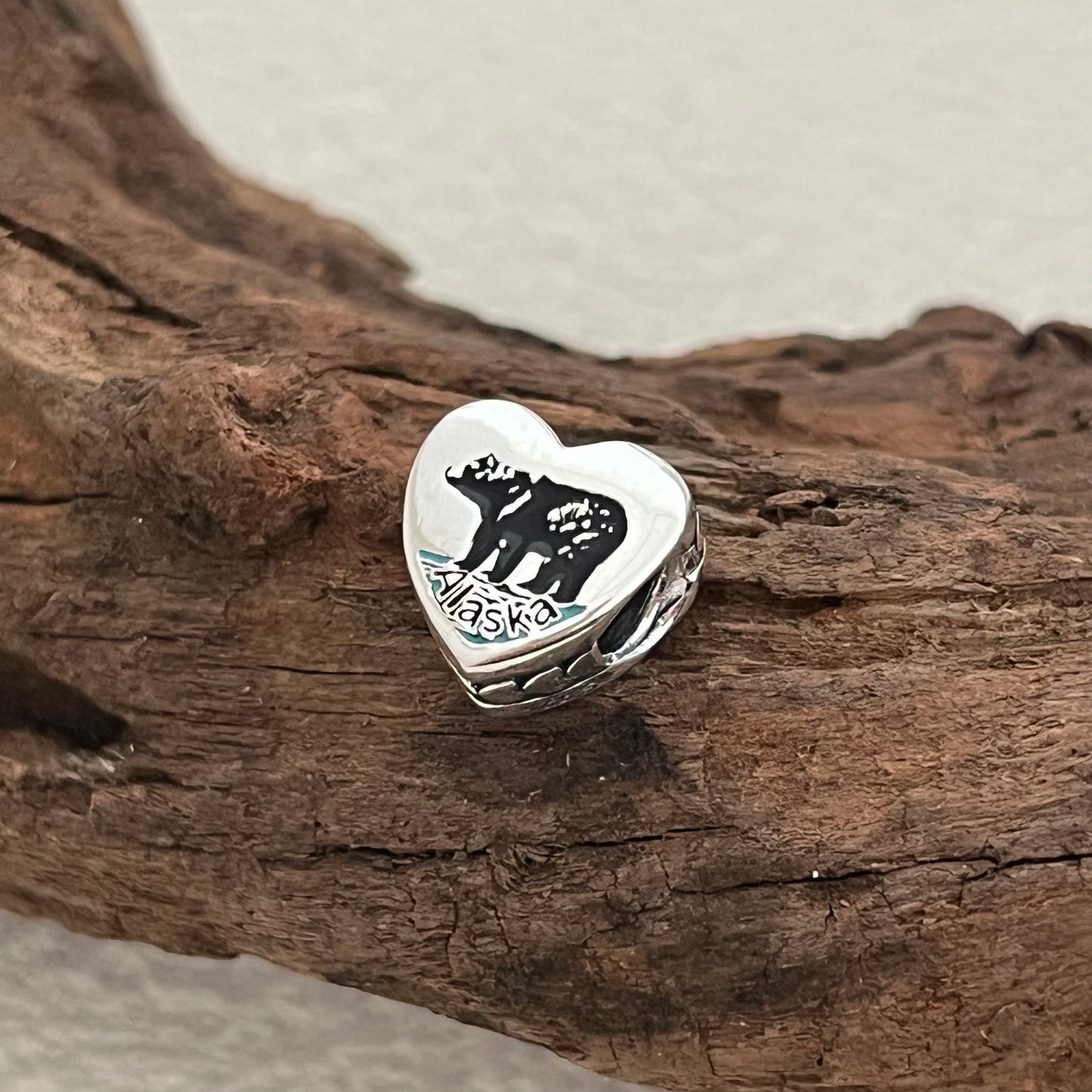 Alaska Flag Grizzly bear Exclusive Heart Bead Charm for Pandora Bracelet